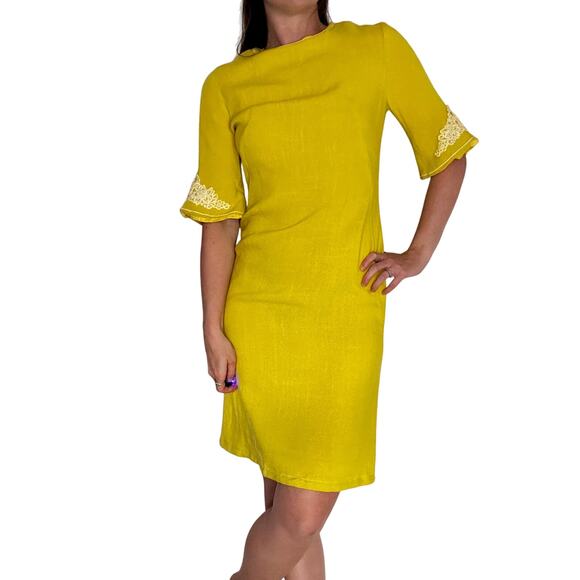 Vintage 1960s Lime Green Shift Dress Stacy Ames Lace Trim Linen Metal Zipper - Picture 2 of 12